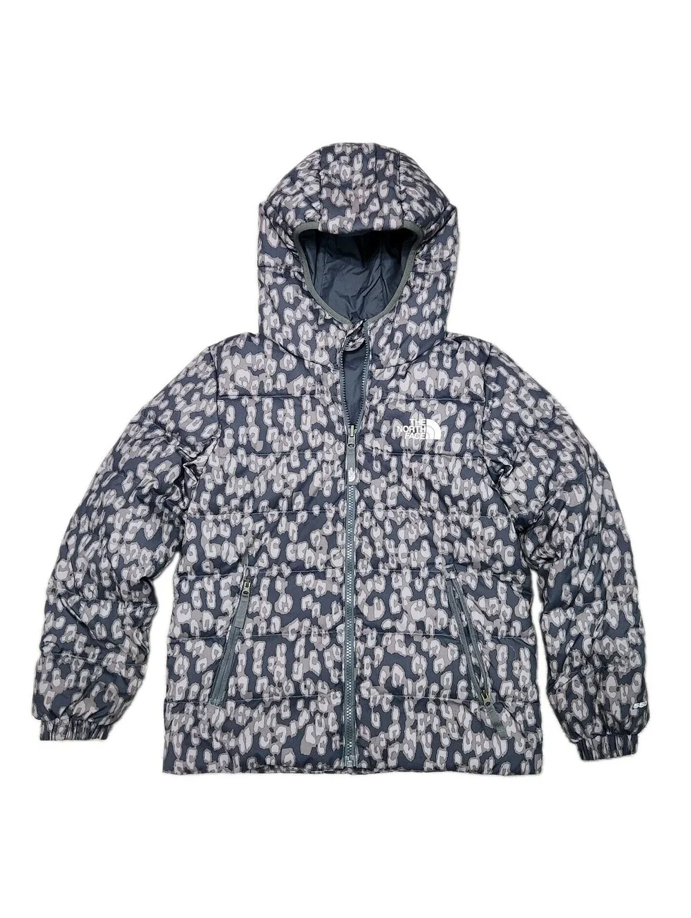 The North Face 550 Down Jacket Kids Size 10/12 Medium Reversible Leopard Grey...